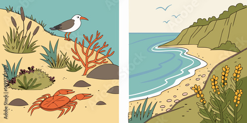 Seagull and crab on a sandy shore with coastal plants and ocean view