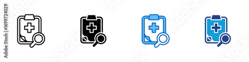 Medical Research Multiple Style Icon Sheet Design Vector - Clipboard with medical cross and magnifying glass, representing health report, patient file, or medical report