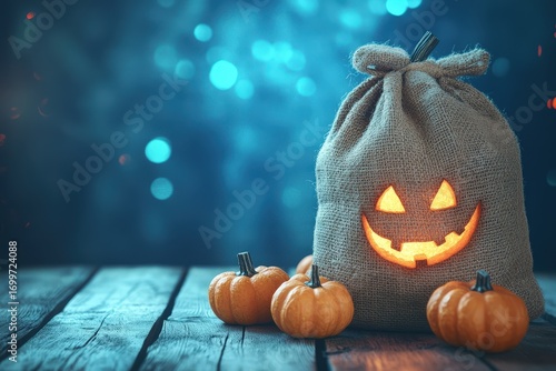 A rustic burlap sack, adorned with a carved jack-o'-lantern face, sits amidst small pumpkins on a weathered wooden surface, bathed in a soft blue-toned, ambient light.