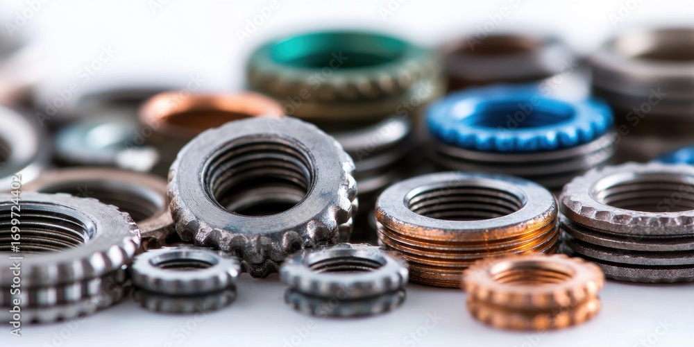 Collection of Various Metal Washers and Fasteners on a White Surface Collection of Various Metal Washers and Fasteners on a White Surface