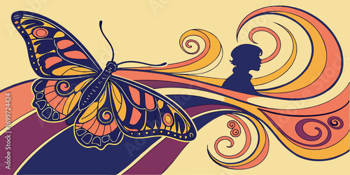 Psychedelic butterfly with silhouette and colorful swirls