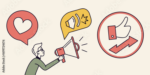 Man with megaphone promoting social media likes and engagement
