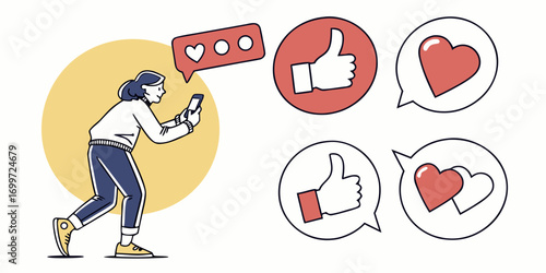 Woman using phone receiving social media likes and hearts