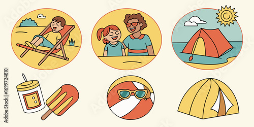 Summer vacation scene with beach, camping, and treats