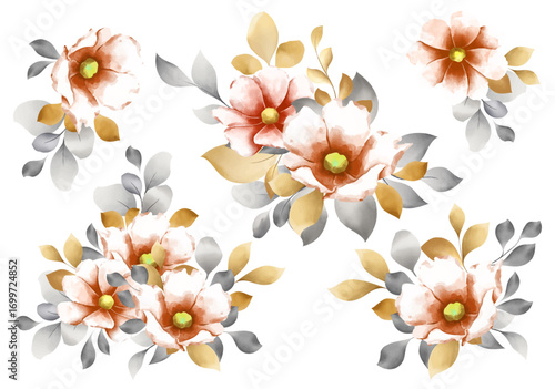 Delicate watercolor floral arrangements with soft pink and orange blossoms and muted foliage