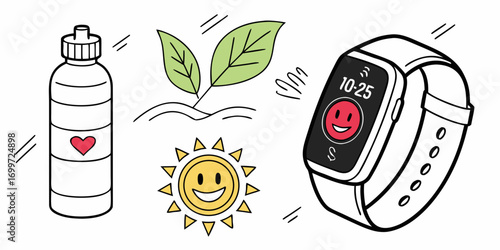 Water bottle, smart watch, sun and plant