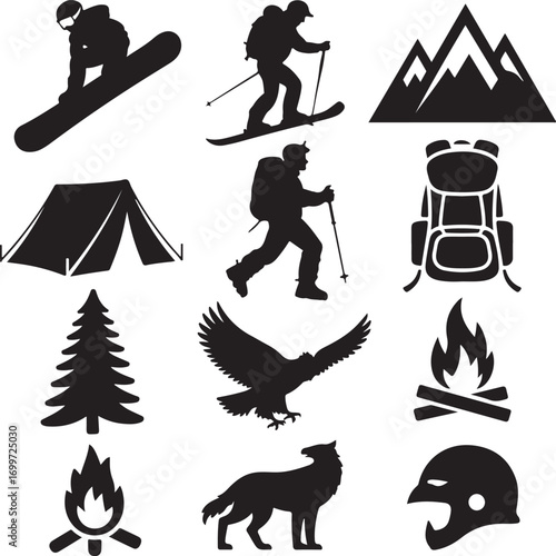 Outdoor Adventure and Winter Sports Silhouettes Collection Keywords: snowboarder skier mountains