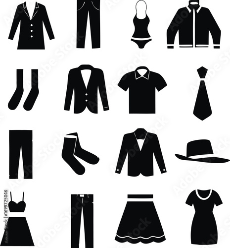 Black clothing icons on white background fashion apparel