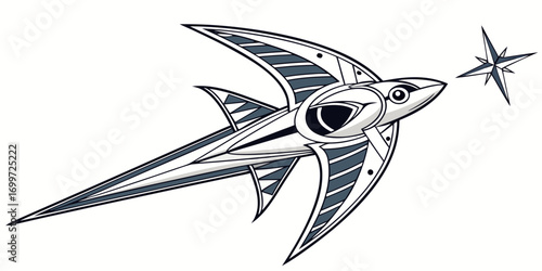 Stylized mechanical bird flying towards a compass star