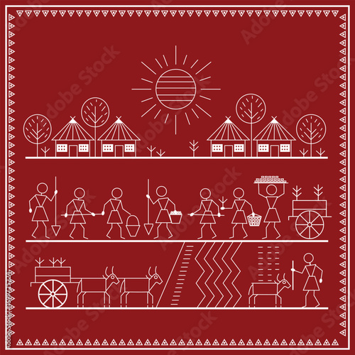 Traditional Warli tribal art depicting village life with huts, people working, farming, carrying goods, ox carts, trees, and sun motifs on a red background, symbolizing culture and community.