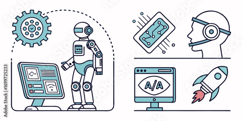 Robot interacting with computer, chip, and rocket, technology concept