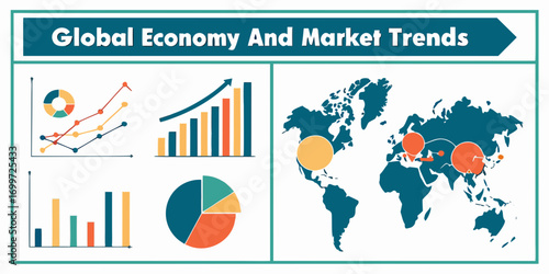 Global economy and market trends with charts and world map