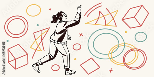 Person reaching up amidst geometric shapes and patterns