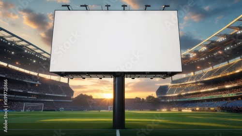 Blank Billboard Overlooking Packed Soccer Stadium at Sunset with Dramatic Sky