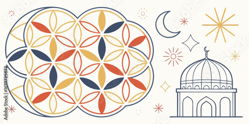 Islamic mosque and celestial elements with geometric patterns