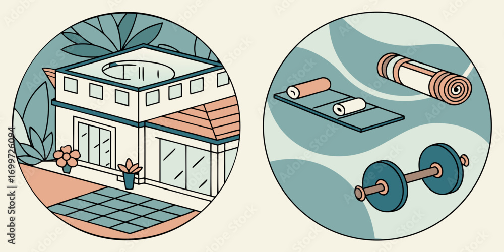 Naklejka premium Modern house with swimming pool and yoga mat with dumbbells