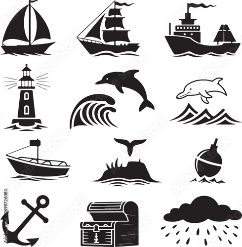 Nautical and weather symbols silhouettes on white background Keywords: sailboat, sailing ship, cargo
