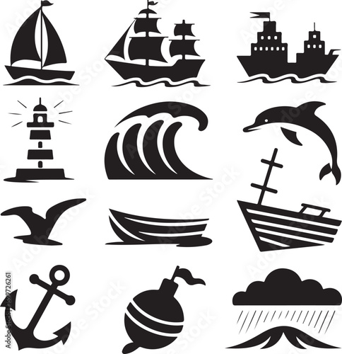 Collection of nine black silhouette icons of nautical objects and sea life Keywords: sailboat tall