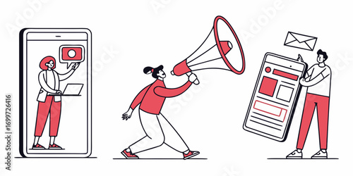 People using megaphone and mobile devices for communication