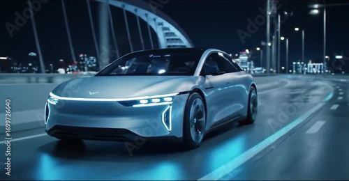 Futuristic Driverless Car Glowing On Nighttime Highway - Autonomous Transportation