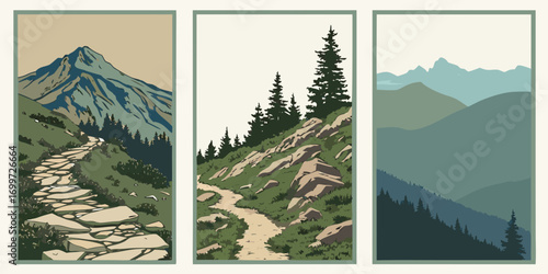 Triptych of mountain paths winding through scenic natural landscapes