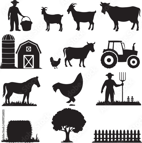 Silhouette icons of farm animals buildings and equipment Keywords: farmer bucket goat cow barn silo