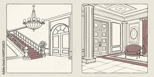 Elegant interior design sketch of a grand staircase and foyer