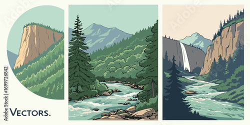 Mountain river landscape with pine trees and rocky cliffs