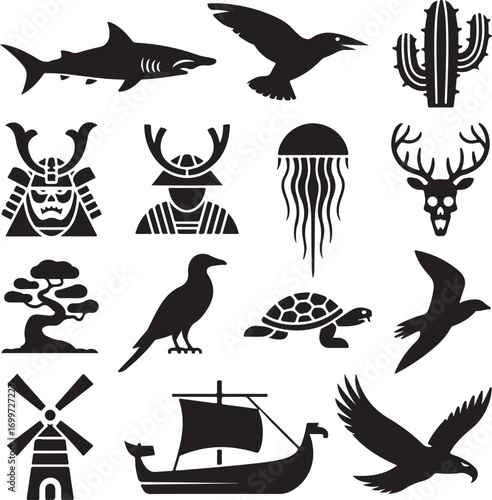 Assorted silhouette icons of animals plants and historical items Keywords: shark bird cactus samurai