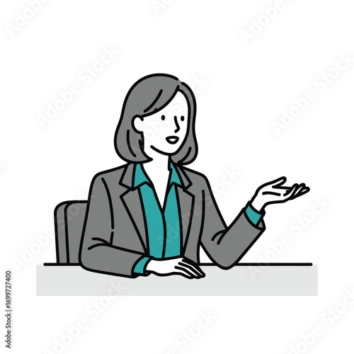 Illustration of a businesswoman sitting at a desk, gesturing with her hand.