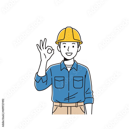 Illustration of a smiling construction worker showing an OK hand gesture. 