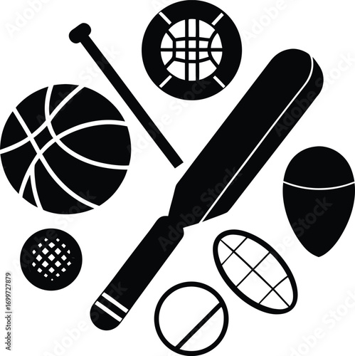 Monochrome Sporting Goods Arrangement Bat Basketball Football Tennis Rugby and More Equipment for Diverse Athletic Activities and Recreational Pursuits