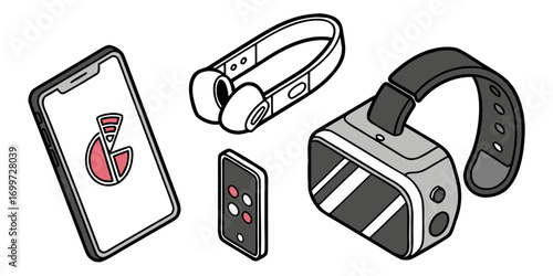 Collection of modern technology gadgets including smartphone and vr headset