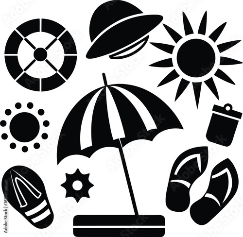 Monochromatic Summer Holiday Icons Featuring Beach Umbrella, Hat, Sun, Flip Flops, and Life Preserver for Vacation Vibes