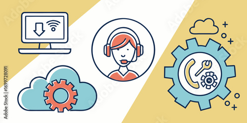 It support and cloud service with computer and download icon