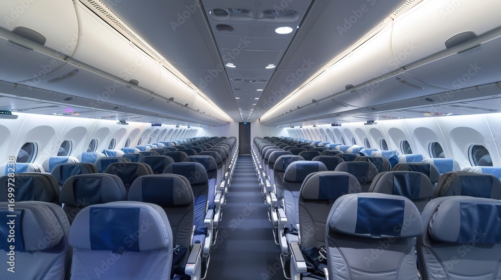 Fototapeta premium Economy Class Images, showing scenes such as the seat layout of economy class in civil aviation airliners, economy class perspective by the porthole, economy class catering service, and economy class