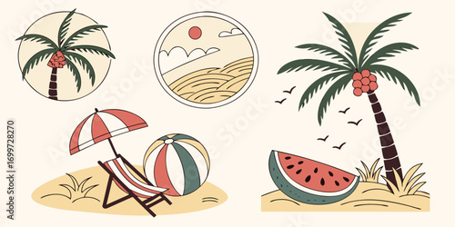 Summer beach icons with palm trees, beach chair, and watermelon slice