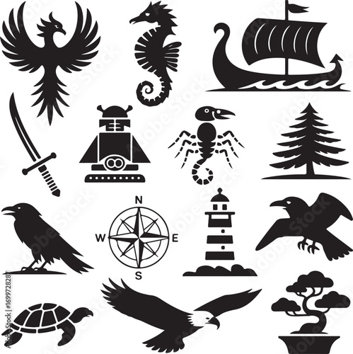 Assortment of black silhouette icons featuring mythical creatures and symbols phoenix