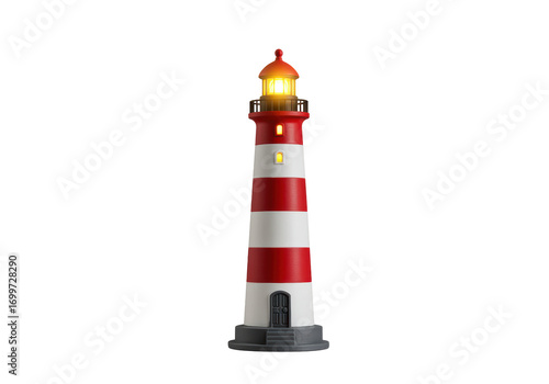 Isolated vintage toy lighthouse with red and white stripes, maritime nautical object