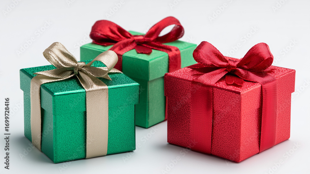 Fototapeta premium Red and green gift boxes with bows on white background -