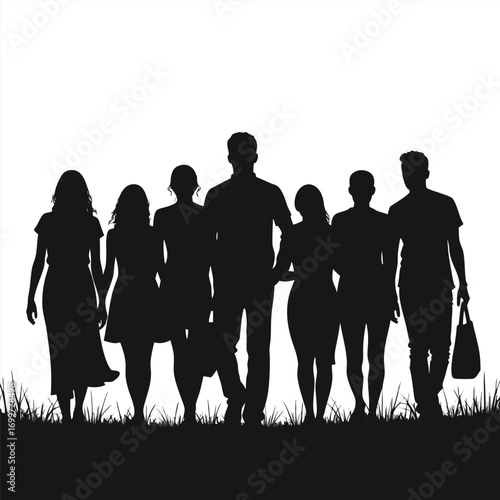Silhouette of seven people walking on grass holding arms