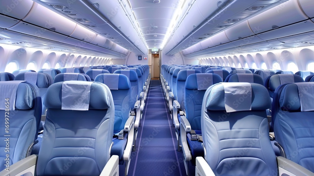 Fototapeta premium Economy Class Images, showing scenes such as the seat layout of economy class in civil aviation airliners, economy class perspective by the porthole, economy class catering service, and economy class
