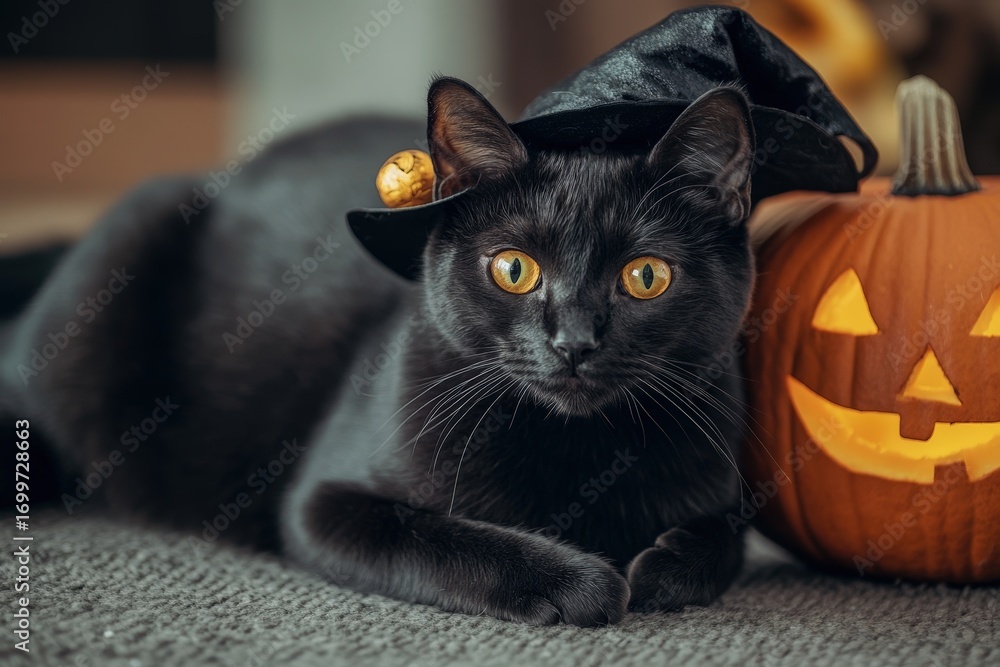 Naklejka premium A black cat, wearing a witch's hat, rests beside a glowing jack-o'-lantern, a charming Halloween scene.