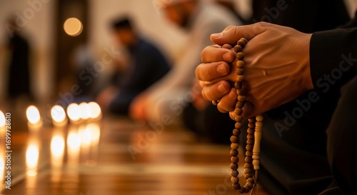 Hands holding prayer beads during a religious ceremony with candlelit background