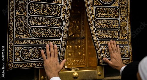 Hands Touching the Kaaba's Door, Revealing Intricate Gold Embroidery and Calligraphy