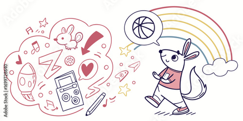 Cute cartoon kangaroo with music and rainbow elements