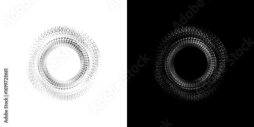 Dynamic abstract spiral sound wave rhythm lines. Circular spiral sound wave rhythm of lines. Circular futuristic abstract lines, black and white background.	
