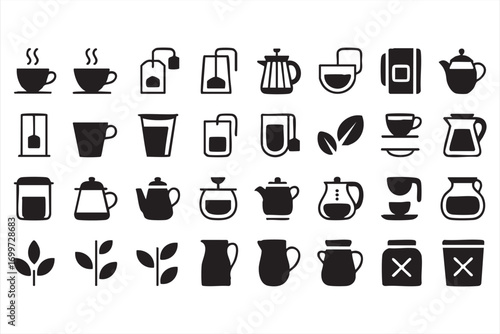 Beverage Icons Pack Featuring Hot Tea Coffee Mugs Pots and Leaf Symbols Vector