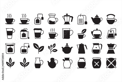 Black Silhouette Beverage Icons Featuring Tea Coffee and Herbal Drink Symbols