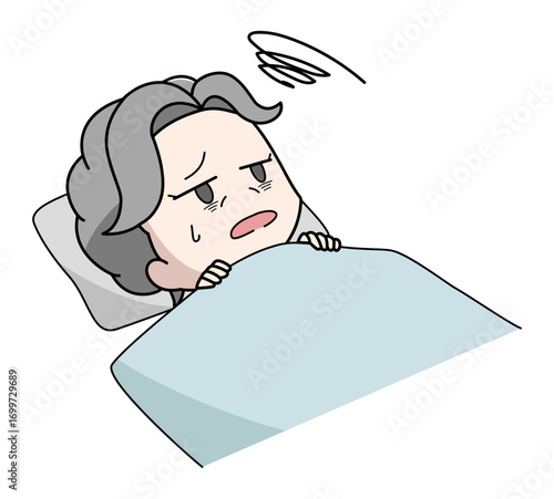 布団に入っても眠れない高齢女性のイラスト